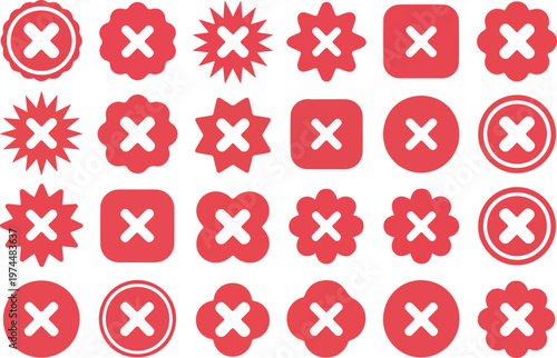 Red cross mark collection with white X icons inside various shapes representing rejection, error, cancel and forbidden signs