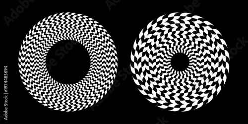 Set of Abstract Circle Design Elements with Optical Illusion of Rotation Movement on Black Background. 