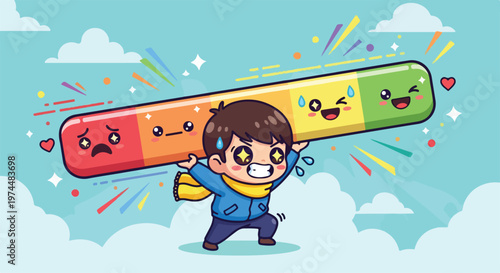 Child playing with colorful measuring scale in a playful outdoor environment with clouds and sunshine