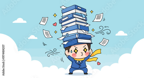 Overwhelmed businessman struggling to carry a huge stack of documents and papers under a cloudy sky