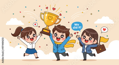 Three happy cartoon business people celebrating a victory holding a golden trophy and cheering with joy and excitement