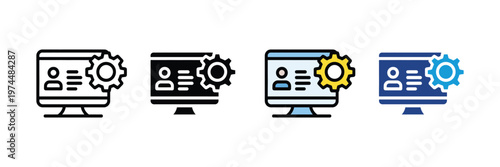 Computer monitor with user profile and gear settings icon set. Digital account management, personal data administration, technical support profile, and online user interface optimization symbol. 