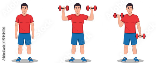 Weightlifting Illustration Set Featuring Man Performing Dumbbell Exercises for Strength Training and Fitness