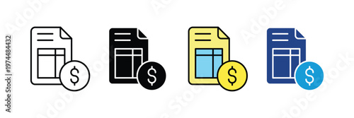 Financial billing invoice document with dollar coin icon vector set. Account balance report, business tax statement, electronic payment receipt, and monetary transaction record symbol. 
