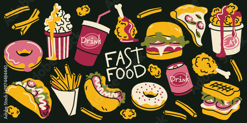Vibrant hand drawn fast food collection featuring pizza, burger, fries, and donuts on dark background. Ideal for modern restaurant menus, street food posters, and food delivery app designs