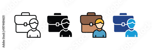 Business professional and briefcase icon vector set. Career recruitment, human resources management, employee hiring, and corporate workspace portfolio symbol. job seeker and office worker symbol