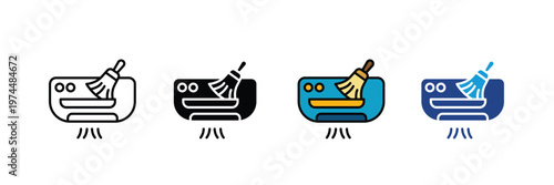 Air conditioner unit cleaning service icon vector set with broom brush symbol. HVAC system maintenance, home appliance repair, indoor air quality filter cleaning, and professional cooling service sign