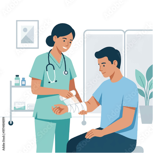 Nurse applying a cast to a patient's wrist in a clinical setting with medical equipment.