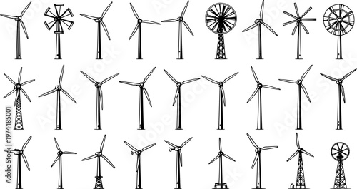 Hand-Drawn Wind Turbines Sketch Collection. Vector Set of Renewable Energy Generators, Sustainable Power and Electricity Production Icons for Green Energy Concepts.