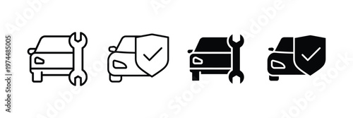 Car with wrench and shield check mark icon vector set. Automotive repair service, vehicle maintenance insurance, car warranty protection, and diagnostic check symbol. Vector Illustration.