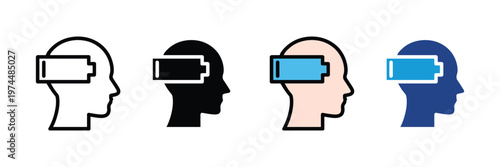 Human head profile with battery charging status icon vector set. Mental energy level, brain productivity, charging mind concept, and psychological burnout or recovery symbol. Vector Illustration.