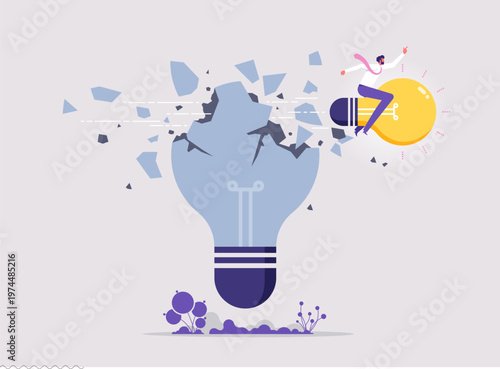 Start new business with revolutionary idea concept, businessman riding flying lightbulb idea breaking old technology or idea