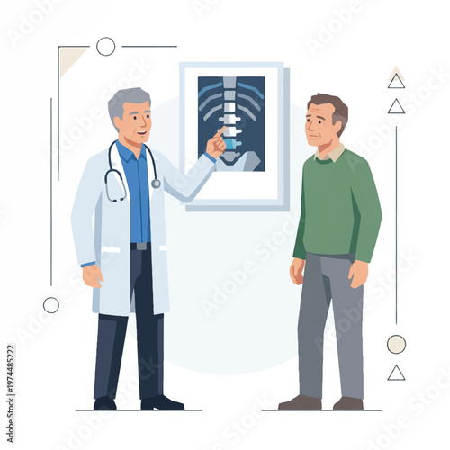 Illustration of a doctor showing a patient an X-ray image on a lightbox in a clinical setting with a neutral mood.