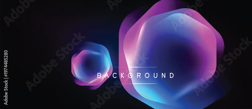 Abstract shapes, vibrant colors, dark background. Fluid forms create dynamic visual effect. Modern design, glowing elements present.