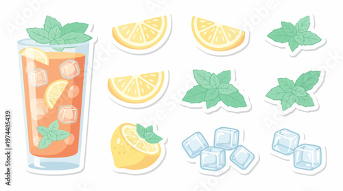 Refreshing iced tea drink with lemon slices, mint leaves, and ice cubes, presented as a collection of vibrant sticker-style illustrations.
