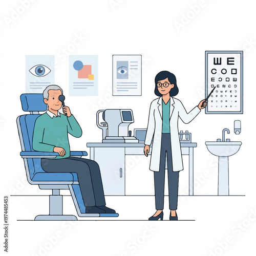 An optometrist showing an eye chart to a senior patient in an eye examination room with a clean white background and a professional mood.