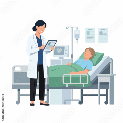 A female doctor reviews a patient's chart while standing beside a hospital bed with a male patient lying down, surrounded by medical equipment, in a clinical setting with a clean white