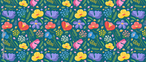 A seamless pattern featuring colorful spring flowers on a dark turquoise background. An illustration with summer floral elements. A decorative textile print 