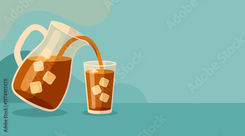 Refreshing iced beverage being poured from a pitcher into a glass with ice cubes, set against a teal background.