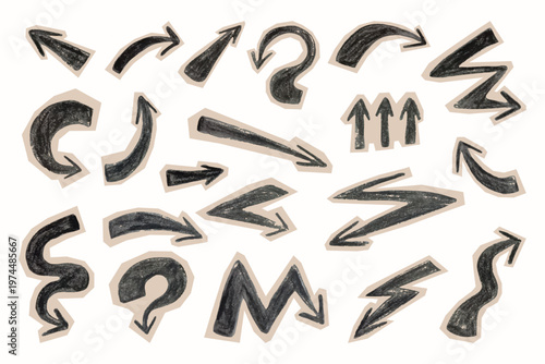A set of hand-drawn arrows rendered in charcoal—a sticker for scrapbooking. A collection of stylized pointers drawn with chalk. A collage element for scrapbooking.