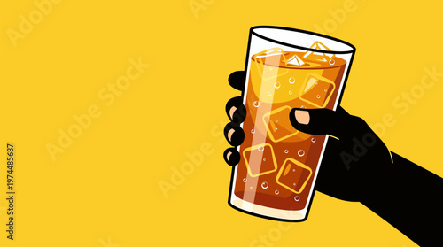 A silhouette hand holding a glass of iced tea or cola against a bright yellow background.