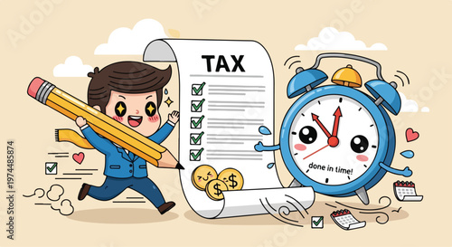 Cute cartoon businessman character filling out tax form with a giant pencil next to a running alarm clock