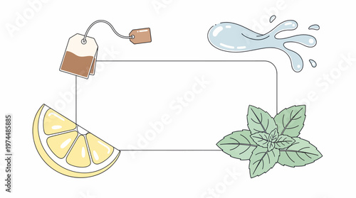 Illustration of a blank rectangular frame surrounded by tea bag, lemon slice, mint leaves, and water splash elements, perfect for beverage-related designs.