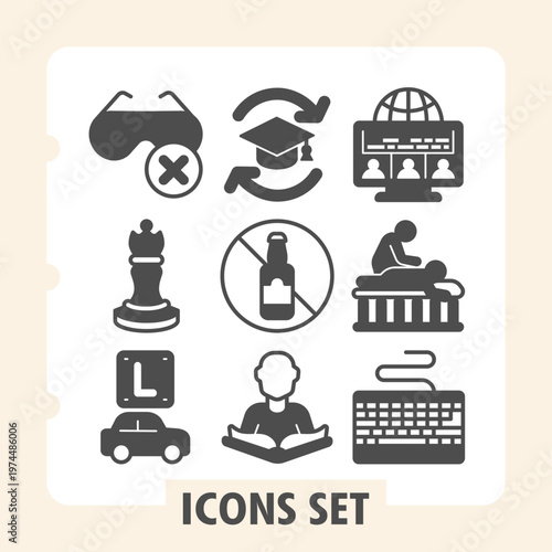 Set of nine modern glyph icons depicting vision, chess, driving, education, travel and technology concepts. Ideal for web design, presentations and print on white background.