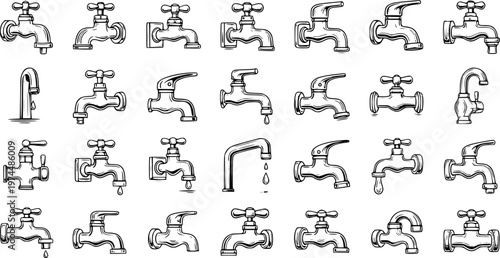 Hand-drawn sketch collection of various water faucets and taps, featuring different styles, isolated on white for plumbing, water conservation, and household design themes.