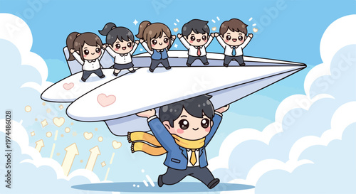 Diverse team of business people flying on a paper airplane symbolizing teamwork and successful collaboration in the sky