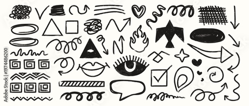 A set of hand-drawn chalk doodles. Artistic brushstrokes for design. A collection of sketch elements for a business board and creative planning document.