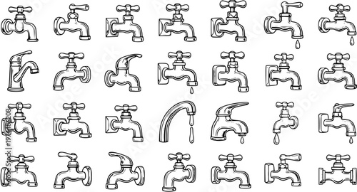 Faucet Collection Vector: Hand-Drawn Water Taps, Plumbing Fixtures, Sanitary Engineering Sketches