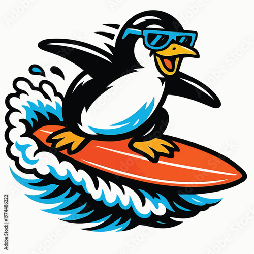 Cool cartoon penguin wearing blue sunglasses while riding an orange surfboard through a splashing ocean wave during the bright summer day