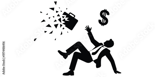 Businessman silhouette falling backward, briefcase fragments, dollar sign symbol, financial instability concept, corporate failure artwork design, flat vector illustration