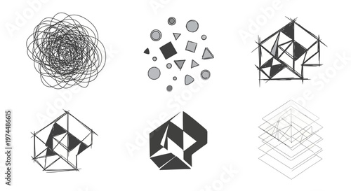 Abstract geometric shapes and line art icons representing concepts of design, structure, and creativity