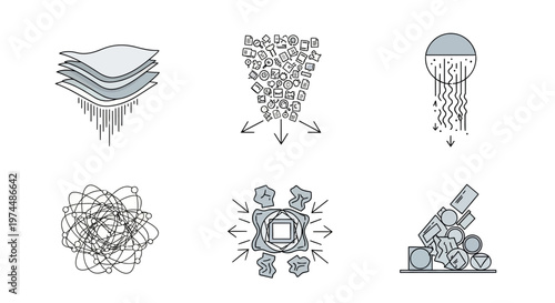 Conceptual Vector Graphics Representing Diverse Processes From Material Aggregation and Disintegration to System Compression and Chaotic Structures, Ideal for Science, Industry, and Infographic Design