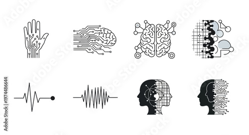 Diverse collection of icons representing concepts of artificial intelligence, neuroscience, and technology, including brains, hands, and waveforms