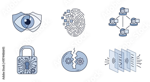 Diverse collection of cybersecurity concept line icons representing digital security, data protection, biometric authentication, network integrity, and vulnerability management