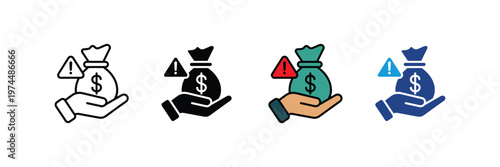 Hand holding money bag with exclamation warning sign icon vector set. Financial risk management, investment alert, bankruptcy prevention, and economic danger symbol. Vector Illustration.
