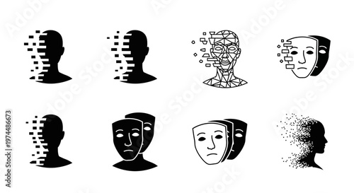 Abstract graphic illustrations symbolizing mental health, identity fragmentation, and complex psychological states of the human mind, featuring dissolving heads and expressive masks