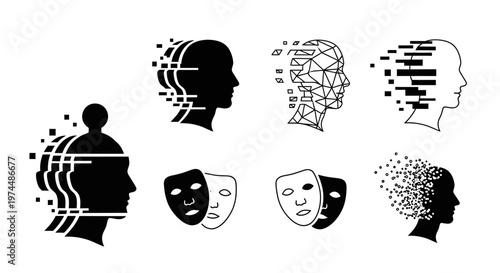 Abstract representation of human heads with digital fragmentation and mask elements symbolizing concepts of identity, thought, and mental states