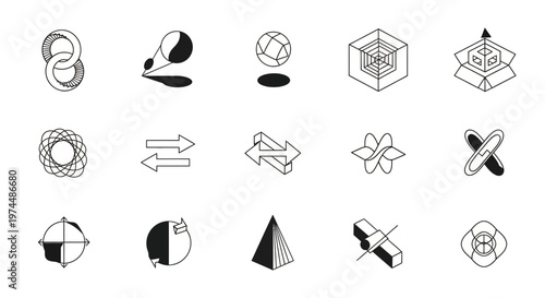 Collection of Abstract Geometric and Technological Icons Representing Concepts of Connection, Motion, Structure, and Innovation