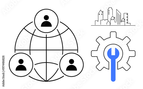 Networking, teamwork, urban development, technology, problem solving, business communication. A globe with user icons, buildings and a gear with a wrench. Networking and teamwork concept