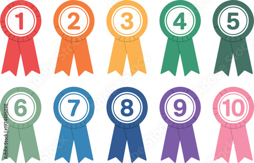 Set of 10 colorful award ribbon badges with numbers from 1 to 10, premium winner medal design with shadow effect