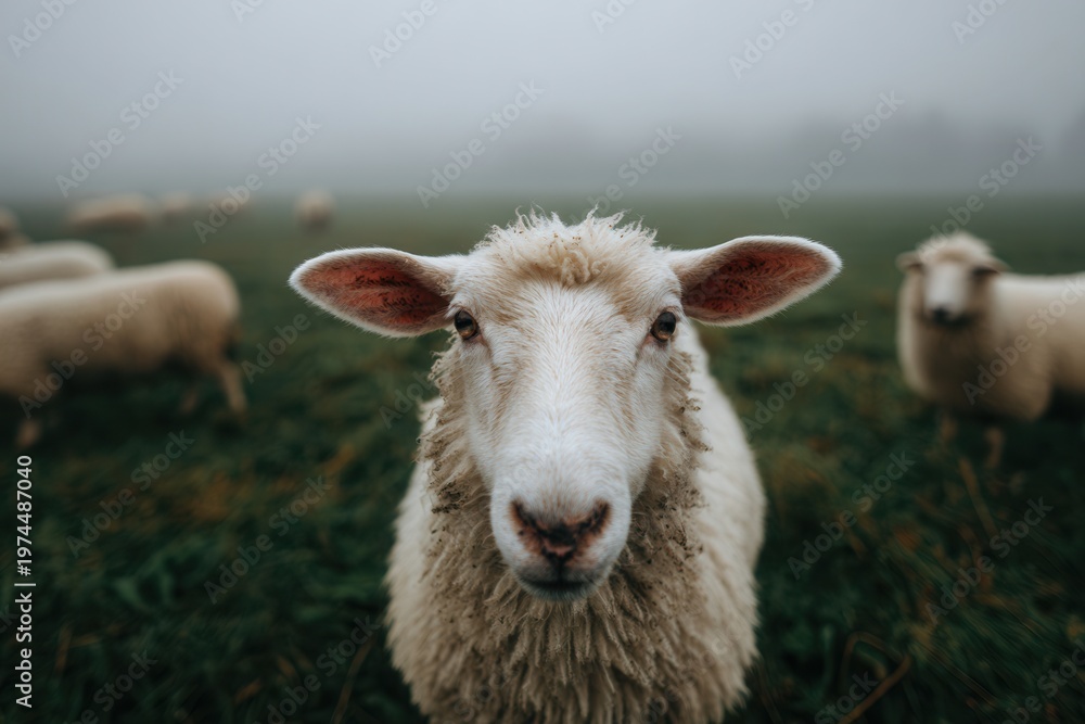 Obraz premium White sheep looking at the camera from a green grassy pasture on a misty day