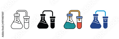 Chemistry laboratory flask and test tube icon vector set. Scientific experiment, medical research, chemical reaction, biotechnology analysis, and education lab symbol. Vector Illustration.