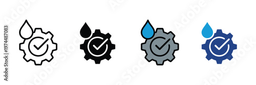 Gear with water drop and check mark icon vector. Verified water processing system, certified hydro technology, approved wastewater treatment, and plumbing quality control symbol. Vector Illustration.