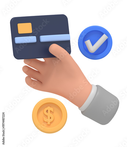 Hand Holding Credit Card With Coin and Checkmark