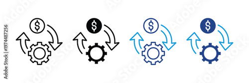 Gear with dollar coin and circular arrows icon vector. Financial processing, automated payment system, money flow management, and economic cycle symbol. Vector Illustration