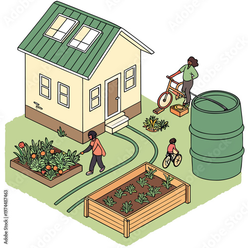 Family gardening at a sustainable home with solar panels solar panel gardening